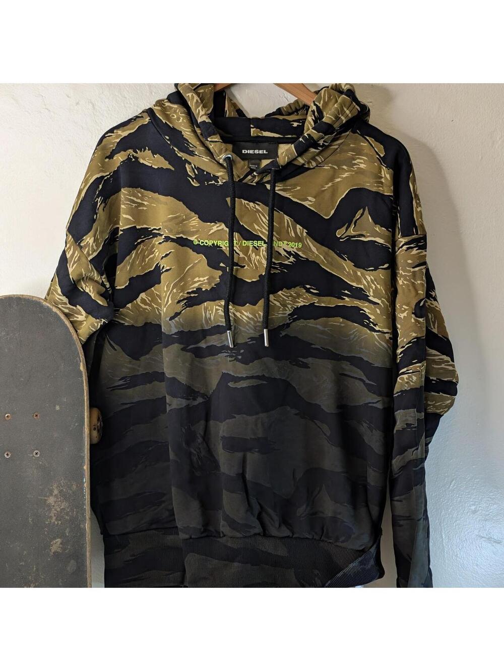 Diesel Copyright Tiger Camo Dip Dye Gradient Hoodie Mens Large Black Olive Green
